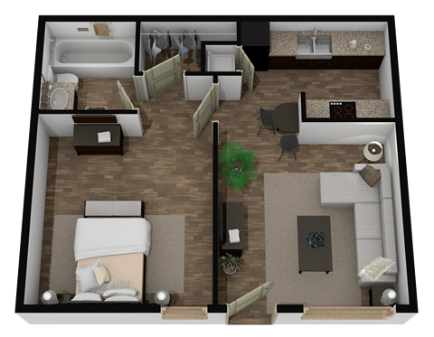 A 3D rendered image of a small apartment layout.